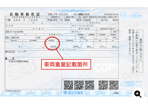 車両重量記載箇所